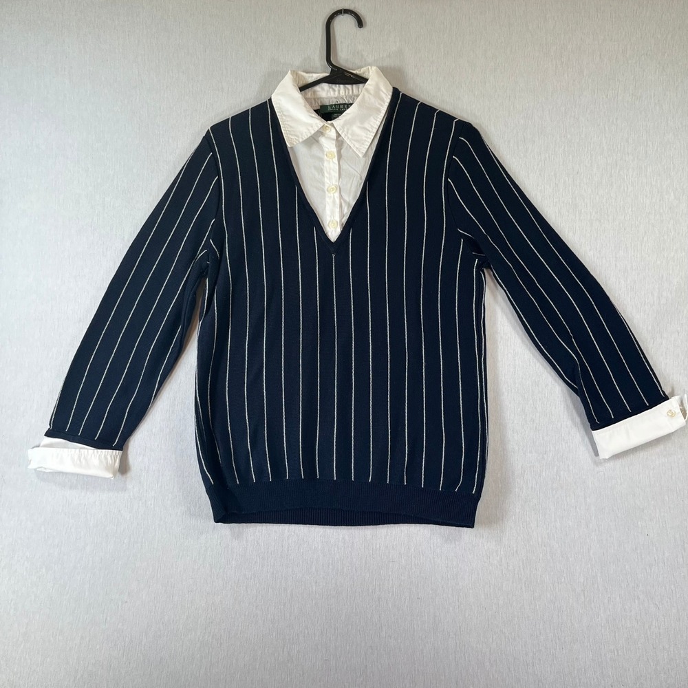 Vintage Lauren Ralph Lauren Shirt S Navy Pinstripe Layered Look Sweater 1990s